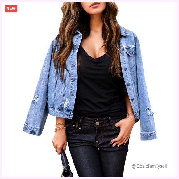 Oversized Distressed Denim Jacket Drop Shoulder Ripped Casual Coat